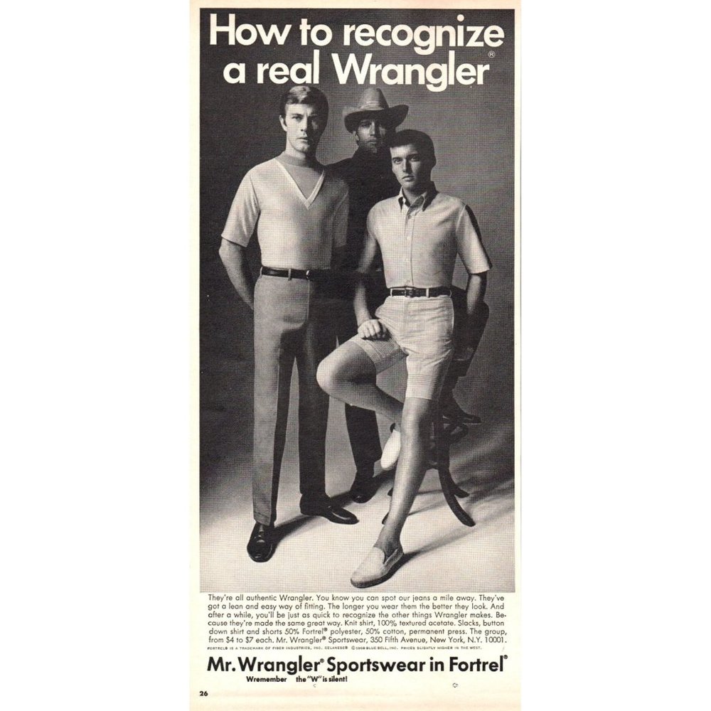 1968 Wrangler Jeans Sportswear in Fortrel Vintage Print Ad Cowboy hat Wall Art